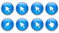 Set of eight blue glossy computer mouse cursor icons, isolated on white background. Royalty Free Stock Photo