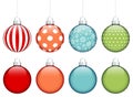 Set Of Eight Christmas Baubles Pattern And Monochrome Red Orange Blue Green