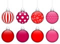 Set Of Eight Christmas Baubles Pattern And Monochrome Red Pink