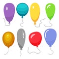 Set of eight colorful balloons with a string isolated on white background