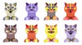 Set of eight colorful cats of different emotions. Cute stylized kittens for your design. The upper part of the animal - head, neck