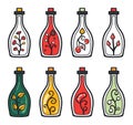 Set of eight colorful potion bottles with various ingredients and magic liquids. Assorted magical essences concept