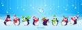 Set of eight cute dancing Christmas penguins on a blue background with disco ball, snowflakes, stars and mountains. Vector cartoon