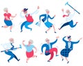 Set of eight happy dancing elderly men and women.