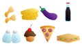 Set of eight icons of delicious food and snacks items for a cafe bar restaurant on a white background: chips, cheese, eggplant,