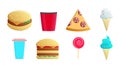 Set of eight icons of items of delicious food and snacks for a cafe bar restaurant on a white background: burger, popcorn, pizza,