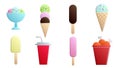 Set of eight icons of items of delicious food and snacks for a cafe bar restaurant on a white background: ice cream, chicken, soda