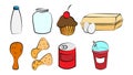 A set of eight icons of items of delicious food and snacks for a cafe bar restaurant on a white background: milk, can, cupcake,