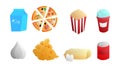 A set of eight icons of items of delicious food and snacks for a cafe bar restaurant on a white background: milk, pizza, popcorn,