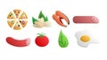 A set of eight icons of items of delicious food and snacks for a cafe bar restaurant on a white background: pizza, pistachios,