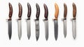 Set of eight knives isolated on white created with Generative AI. Sharp silver blades.