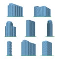 Set of eight modern high-rise building on a white background.