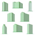 Set of eight modern high-rise building on a white background.