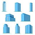 Set of eight modern high-rise building on a white background