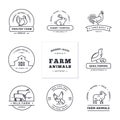 Set of eight modern linear style logos with farm animals with space for text or company name.