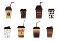 Set of eight paper cups with different kinds of coffee