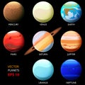 Set of eight planets of the solar system. Mercury Venus Earth Mars Jupiter Saturn Uranium and Neptune. Cartoon style.