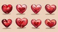 A set of eight red hearts in different poses, with a light brown background. Generative AI Royalty Free Stock Photo
