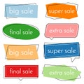 Set of eight sale vector bannes with colorful design elements.