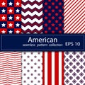 Set. Eight seamless pattern in national American colors. Royalty Free Stock Photo