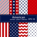 Set. Eight seamless pattern in national American colors. Royalty Free Stock Photo