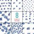 Set of eight seamless patterns with blue flowers Royalty Free Stock Photo