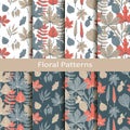 Set with eight seamless vector floral patterns with hand drawn leaves. design for packaging, covers, textile