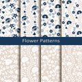 Set of eight seamless vector flower hand drawn patterns. design for covers, textile, packaging Royalty Free Stock Photo