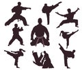 Set of eight silhouettes of karatekas and martial arts masters.