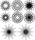 Set of eight spirograph shapes. Black and white outline. Flowers and snowflakes Royalty Free Stock Photo