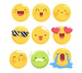 Set of eight yellow emoji faces showing different emotions like happiness, love, cool, sick, and crying. Emoticon