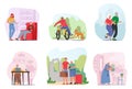 Set Elderly Characters Lifestyle. Old Men and Women Jogging, Riding Bicycle, Use Pc, Travel, Care of Houseplant, Jogging