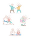 Set elderly couple doing exercises. Old man and old woman is engaged in sports. Morning exercises. Cartoon vector illustration Royalty Free Stock Photo