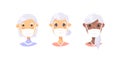 Set of elderly female characters. Cartoon masked people. Isolated retiree avatars. Flat illustration protected old women faces.