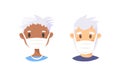 Set of elderly male and female characters. Cartoon masked people. Isolated retiree avatars. Flat illustration protected old men