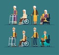 Set of elderly persons. Grandfathers and granfathers in a wheelchair and with walking stick and paddle walker. Vector