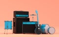 Set of electric acoustic guitar, amplifiers and drums with metal cymbal on coral Royalty Free Stock Photo