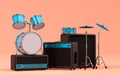 Set of electric acoustic guitar, amplifiers and drums with metal cymbal on coral Royalty Free Stock Photo