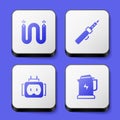 Set Electric cable, Soldering iron, Tee plug electric and kettle icon. White square button. Vector Royalty Free Stock Photo