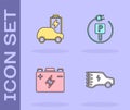 Set Electric car, Car battery and Charging parking electric icon. Vector Royalty Free Stock Photo