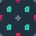 Set Electric car charging station, Wind turbine and Eco friendly house on seamless pattern. Vector Royalty Free Stock Photo