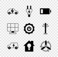 Set Electric car, plug, Battery, Smart house and light bulb, Wind turbine, Solar energy panel and Power button icon Royalty Free Stock Photo