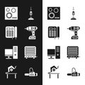 Set Electric cordless screwdriver, Telephone, Gas stove, Vacuum cleaner, Computer monitor and heater icon. Vector