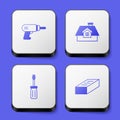 Set Electric drill machine, House, Screwdriver and Brick icon. White square button. Vector