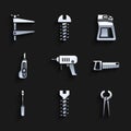 Set Electric drill machine, Metallic screw, Pincers and pliers, Hand saw, Screwdriver, Stationery knife, Cement bag and