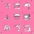 Set Electric drill machine, Sewing, mixer, Chainsaw, Air conditioner and Microwave oven icon. Vector