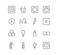 Set of electric and energy icons, cable, plug, switch, socket, bulb.