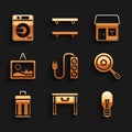 Set Electric extension, Furniture nightstand, Light bulb, Frying pan, Trash can, Picture, House and Washer icon. Vector