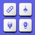 Set Electric extension, Lamp hanging, plug and Creative lamp light idea icon. White square button. Vector Royalty Free Stock Photo