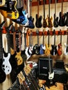 Set of electric guitars in guitar shop. Musical instruments for sale